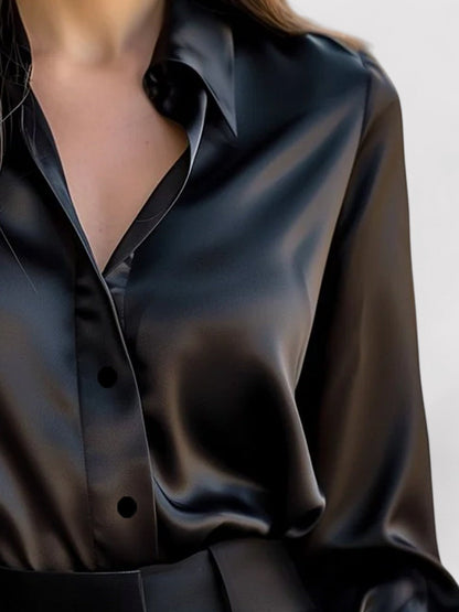 Monarch | Women's Elegant Black Satin Long Sleeves Blouse