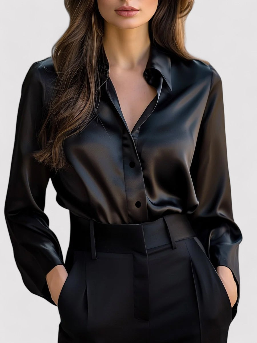 Monarch | Women's Elegant Black Satin Long Sleeves Blouse